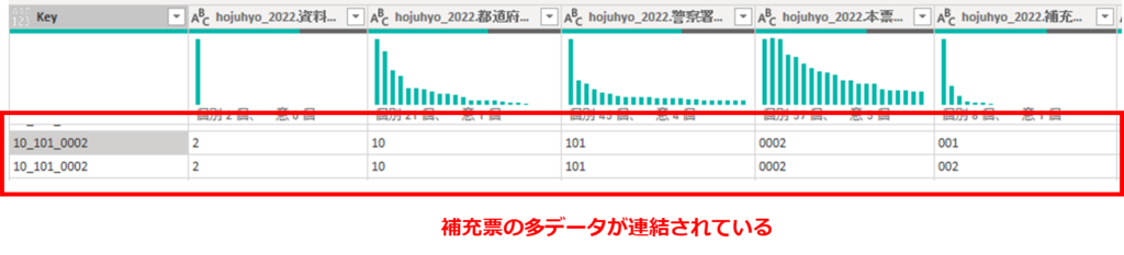 補充票のデータが正しく連結されている様子